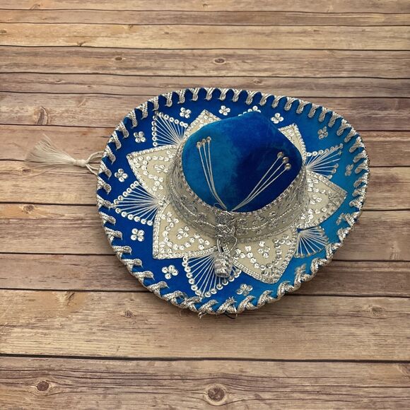 Mexican Authentic Pigalle Sombrero Mariachi Hat Sequined Embroidered Blue Youth